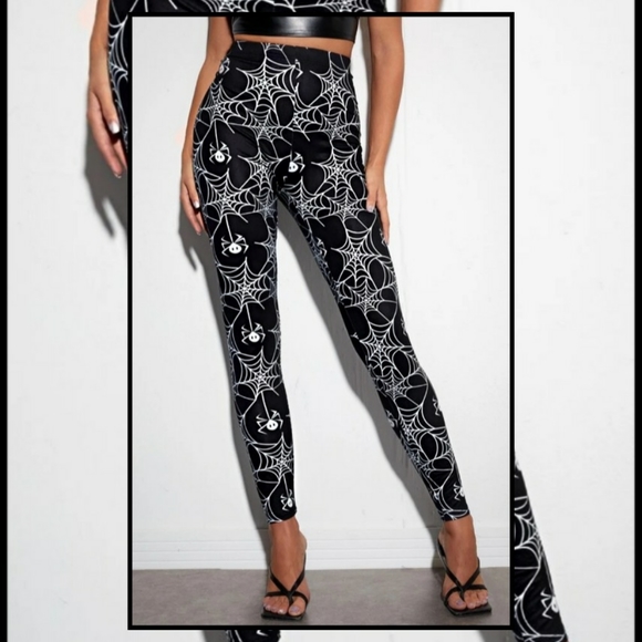 Moon Goddess Boutique Pants - SPIDER WEB PRINT LEGGINGS | High Waisted Gothic Black w White Spiders Leggings M